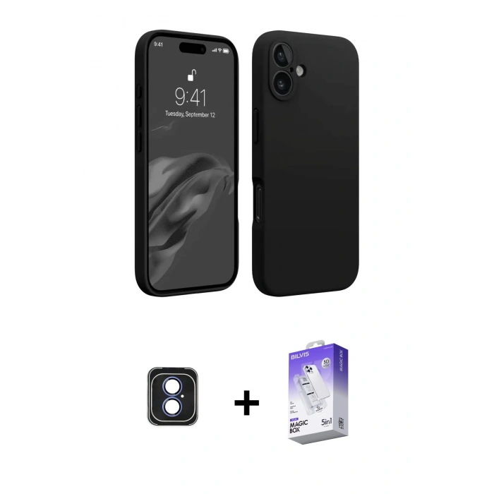 MARSİLYAN™- iPhone 16 Kılıf Kozmos Yansıma Özel Seri - Siyah Bilvis 5in1 3D Magic Cam Ekran Koruyucu + PVD Metal Kamera Lens - MI