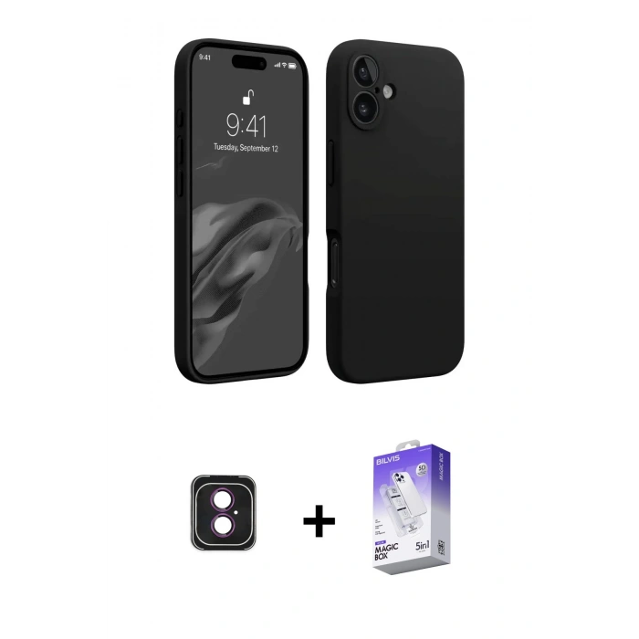 MARSİLYAN™- iPhone 16 Kılıf Kozmos Yansıma Özel Seri - Siyah Bilvis 5in1 3D Magic Cam Ekran Koruyucu + PVD Metal Kamera Lens - PE
