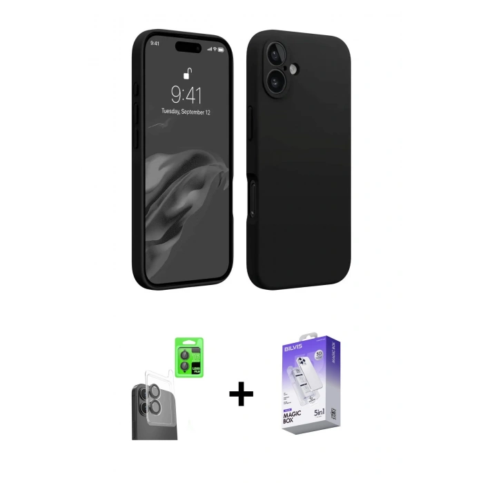 MARSİLYAN™- iPhone 16 Kılıf Kozmos Yansıma Özel Seri - Siyah Bilvis 5in1 3D Magic Cam Ekran Koruyucu + Raze Metal Kamera Lens - SH