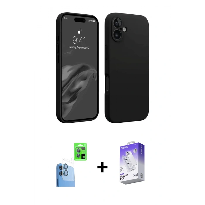 MARSİLYAN™- iPhone 16 Kılıf Kozmos Yansıma Özel Seri - Siyah Bilvis 5in1 3D Magic Cam Ekran Koruyucu + Raze Metal Kamera Lens - LT