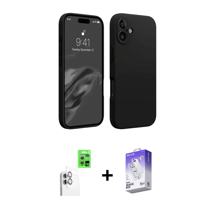 MARSİLYAN™- iPhone 16 Kılıf Kozmos Yansıma Özel Seri - Siyah Bilvis 5in1 3D Magic Cam Ekran Koruyucu + Raze Metal Kamera Lens - BZ