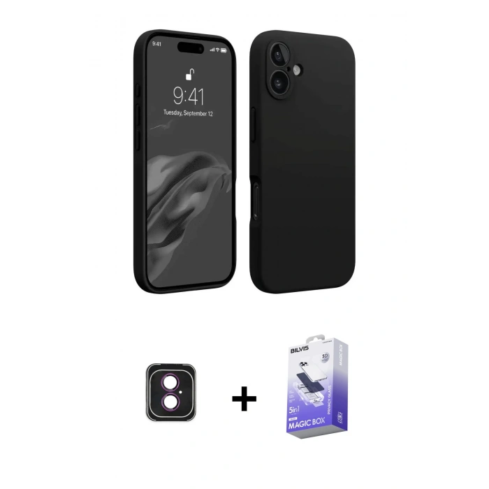 MARSİLYAN™- iPhone 16 Kılıf Kozmos Yansıma Özel Seri - Siyah Bilvis 5in1 5D Magic Hayalet Cam Ekran Koruyucu + PVD Metal Kamera Lens - PE