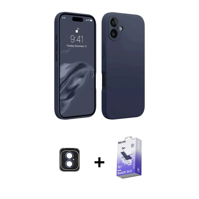 MARSİLYAN™- iPhone 16 Kılıf Kozmos Yansıma Özel Seri - Siyah Bilvis 5in1 5D Magic Hayalet Cam Ekran Koruyucu + PVD Metal Kamera Lens - MI