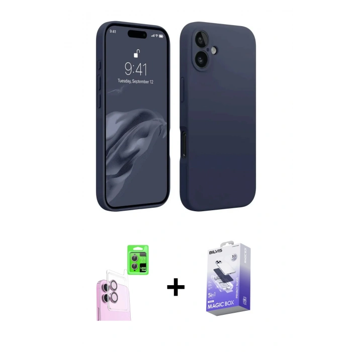 MARSİLYAN™- iPhone 16 Kılıf Kozmos Yansıma Özel Seri - Siyah Bilvis 5in1 5D Magic Hayalet Cam Ekran Koruyucu + Raze Metal Kamera Lens - PE