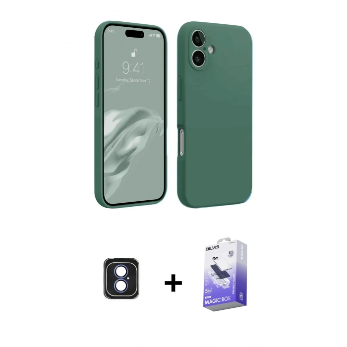 MARSİLYAN™- iPhone 16 Kılıf Kozmos Yansıma Özel Seri - Siyah Bilvis 5in1 5D Magic Hayalet Cam Ekran Koruyucu + PVD Metal Kamera Lens - MI