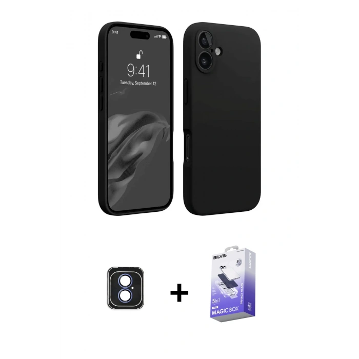 MARSİLYAN™- iPhone 16 Kılıf Kozmos Yansıma Özel Seri - Siyah Bilvis 5in1 5D Magic Hayalet Cam Ekran Koruyucu + PVD Metal Kamera Lens - MI