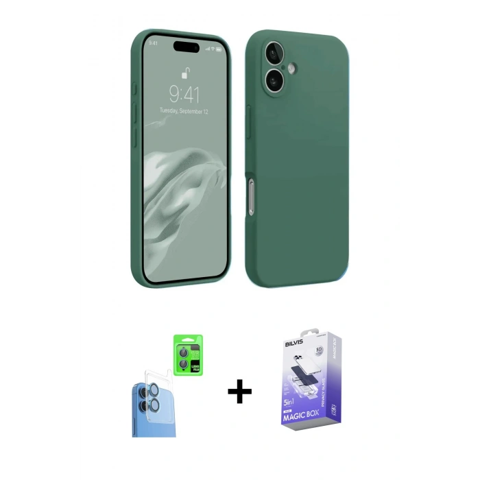 MARSİLYAN™- iPhone 16 Kılıf Kozmos Yansıma Özel Seri - Siyah Bilvis 5in1 5D Magic Hayalet Cam Ekran Koruyucu + Raze Metal Kamera Lens - LT