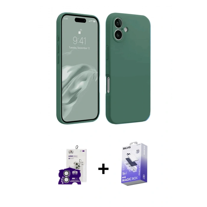 MARSİLYAN™- iPhone 16 Kılıf Kozmos Yansıma Özel Seri - Siyah Bilvis 5in1 5D Magic Hayalet Cam Ekran Koruyucu + Gümüş Bilvis Titan Kamera Lens