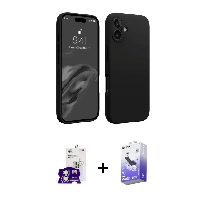 MARSİLYAN™- iPhone 16 Kılıf Kozmos Yansıma Özel Seri - Siyah Bilvis 5in1 5D Magic Hayalet Cam Ekran Koruyucu + Gümüş Bilvis Titan Kamera Lens