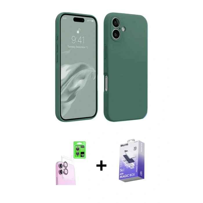MARSİLYAN™- iPhone 16 Kılıf Kozmos Yansıma Özel Seri - Siyah Bilvis 5in1 5D Magic Hayalet Cam Ekran Koruyucu + Raze Metal Kamera Lens - PE