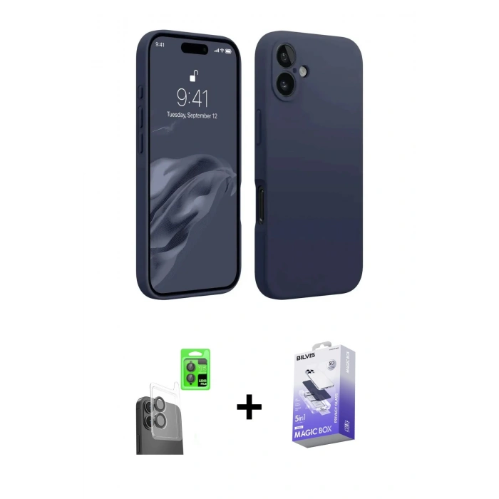MARSİLYAN™- iPhone 16 Kılıf Kozmos Yansıma Özel Seri - Siyah Bilvis 5in1 5D Magic Hayalet Cam Ekran Koruyucu + Raze Metal Kamera Lens - SH