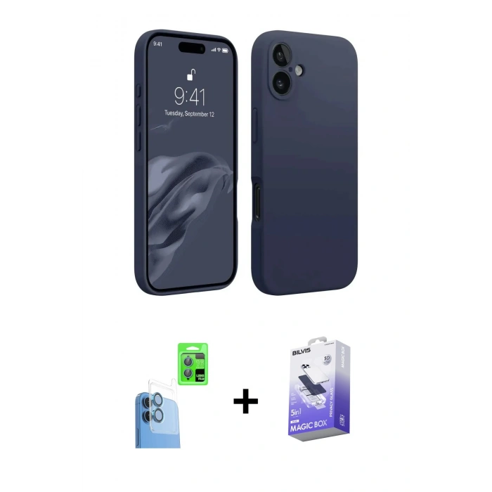 MARSİLYAN™- iPhone 16 Kılıf Kozmos Yansıma Özel Seri - Siyah Bilvis 5in1 5D Magic Hayalet Cam Ekran Koruyucu + Raze Metal Kamera Lens - LT