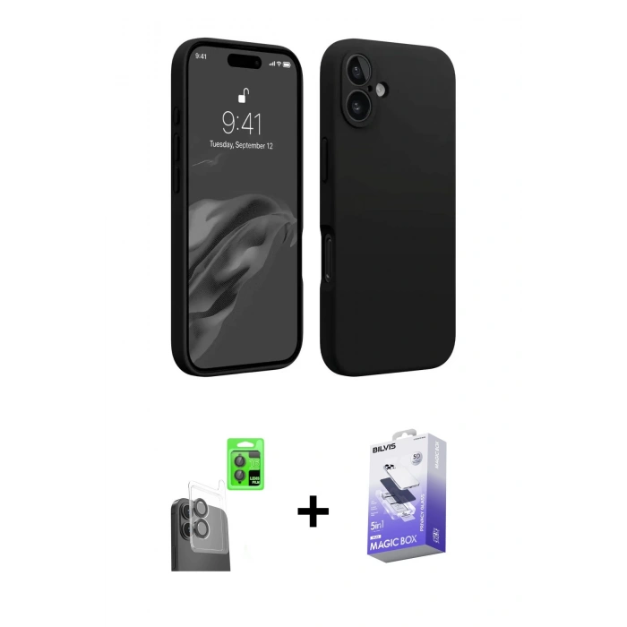 MARSİLYAN™- iPhone 16 Kılıf Kozmos Yansıma Özel Seri - Siyah Bilvis 5in1 5D Magic Hayalet Cam Ekran Koruyucu + Raze Metal Kamera Lens - SH