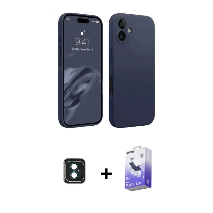 MARSİLYAN™- iPhone 16 Kılıf Kozmos Yansıma Özel Seri - Siyah Bilvis 5in1 5D Magic Hayalet Cam Ekran Koruyucu + PVD Metal Kamera Lens - YL