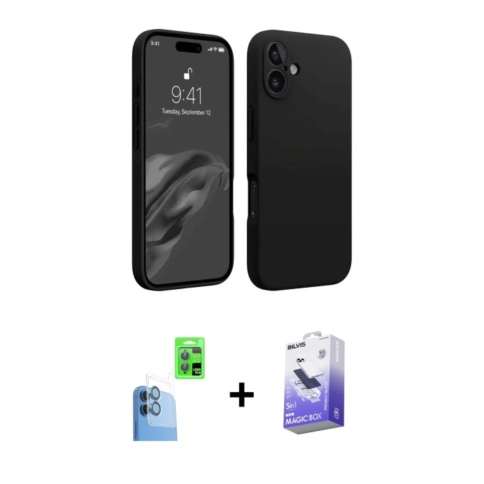 MARSİLYAN™- iPhone 16 Kılıf Kozmos Yansıma Özel Seri - Siyah Bilvis 5in1 5D Magic Hayalet Cam Ekran Koruyucu + Raze Metal Kamera Lens - LT