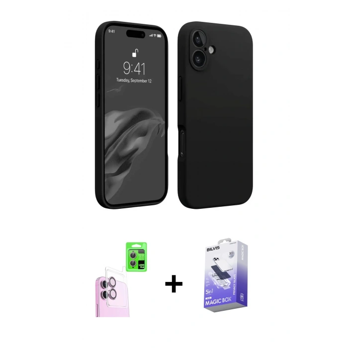 MARSİLYAN™- iPhone 16 Kılıf Kozmos Yansıma Özel Seri - Siyah Bilvis 5in1 5D Magic Hayalet Cam Ekran Koruyucu + Raze Metal Kamera Lens - PE