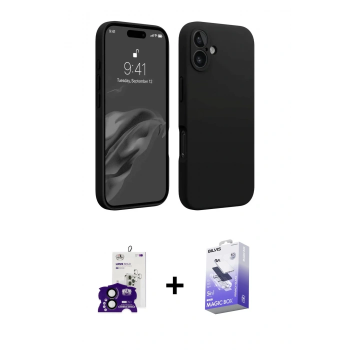 MARSİLYAN™- iPhone 16 Kılıf Kozmos Yansıma Özel Seri - Siyah Bilvis 5in1 5D Magic Hayalet Cam Ekran Koruyucu + Bilvis Titan Kamera Lens - SH
