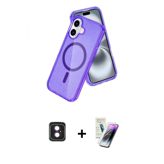 MARSİLYAN™- iPhone 16 Kılıf Nova Asil Prime - Şeffaf Pasifik Cam Ekran Koruyucu + PVD Metal Kamera Lens - PE