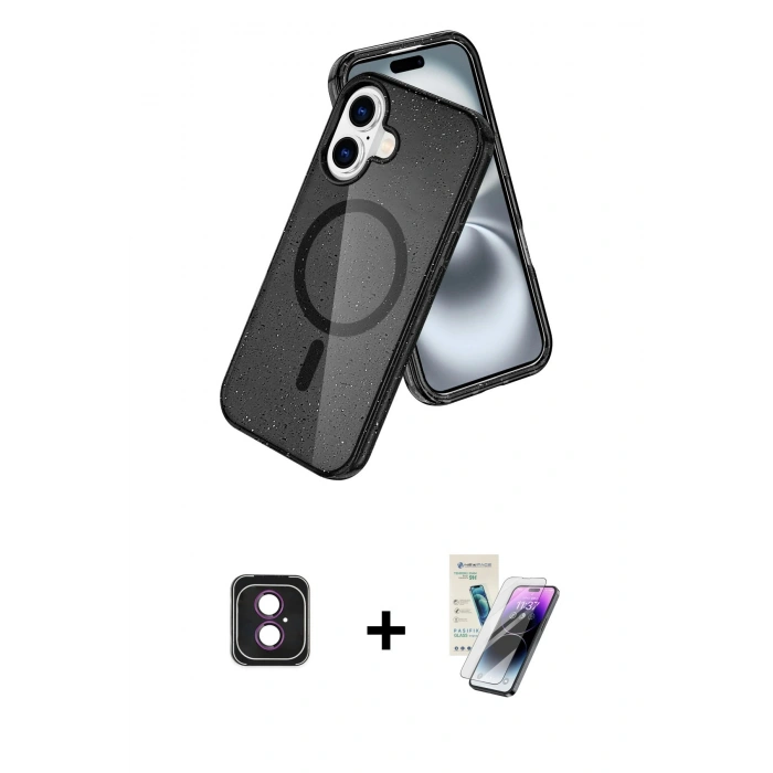 MARSİLYAN™- iPhone 16 Kılıf Nova Asil Prime - Şeffaf Pasifik Cam Ekran Koruyucu + PVD Metal Kamera Lens - PE