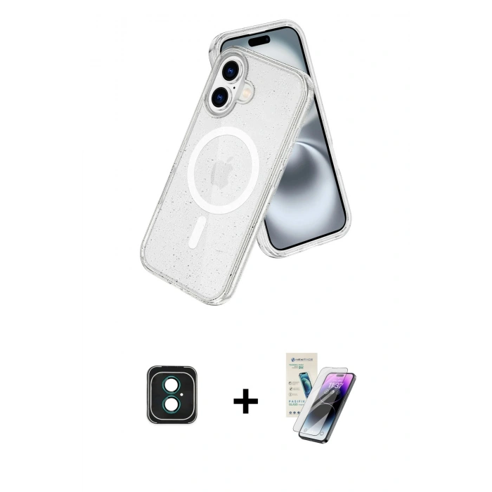 MARSİLYAN™- iPhone 16 Kılıf Nova Asil Prime - Şeffaf Pasifik Cam Ekran Koruyucu + PVD Metal Kamera Lens - YL