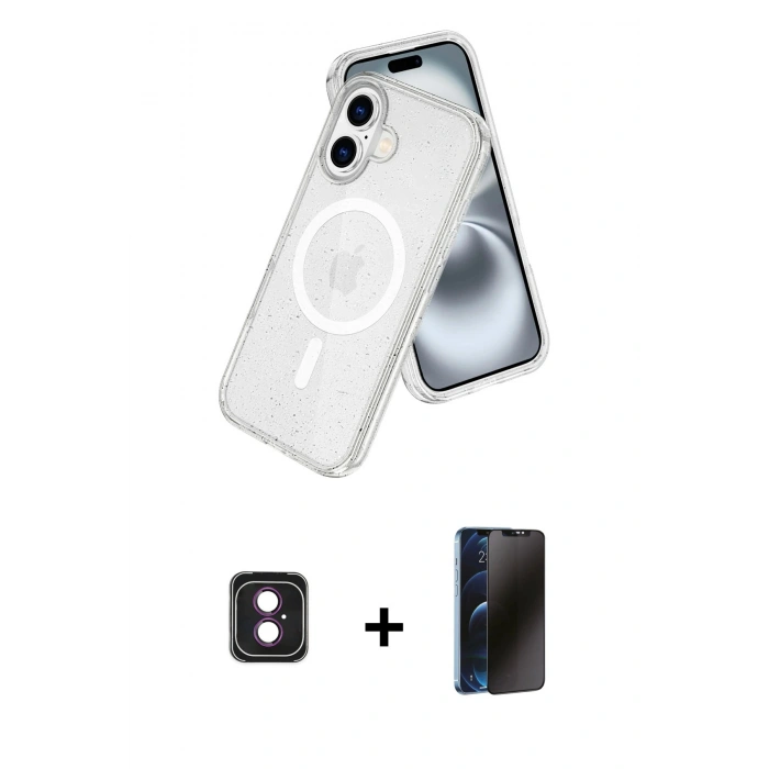 MARSİLYAN™- iPhone 16 Kılıf Nova Asil Prime - Siyah 3D Antistatik Hayalet Cam Ekran Koruyucu + PVD Metal Kamera Lens - PE