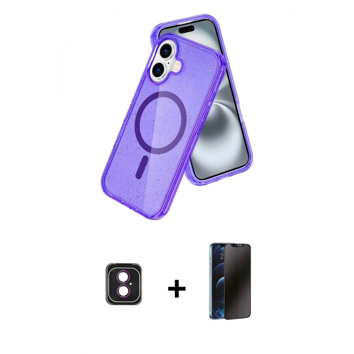 MARSİLYAN™- iPhone 16 Kılıf Nova Asil Prime - Siyah 3D Antistatik Hayalet Cam Ekran Koruyucu + PVD Metal Kamera Lens - PE