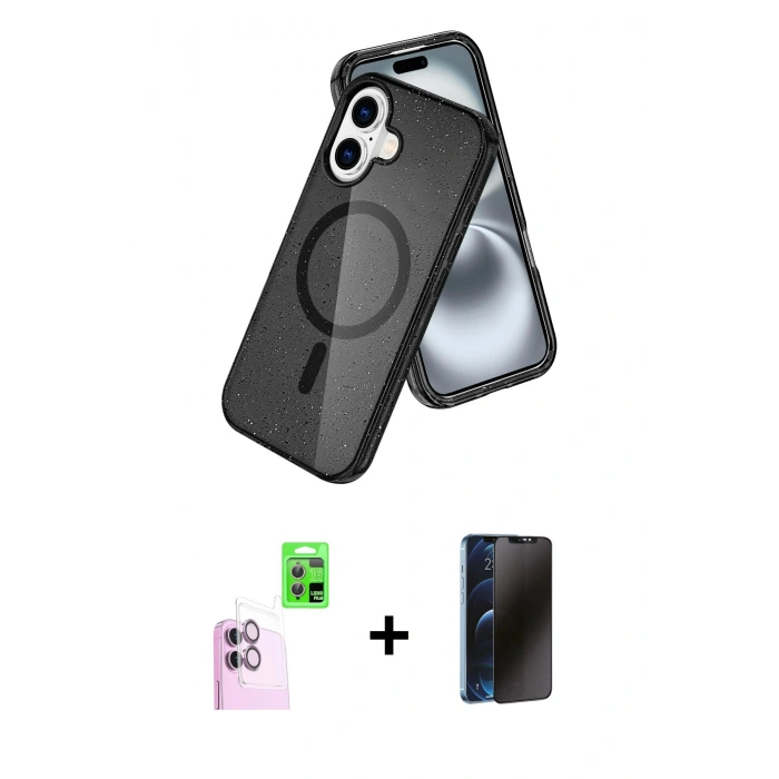 MARSİLYAN™- iPhone 16 Kılıf Nova Asil Prime - Siyah 3D Antistatik Hayalet Cam Ekran Koruyucu + Raze Metal Kamera Lens - PE