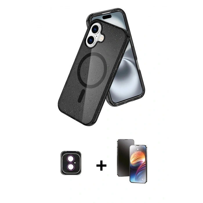 MARSİLYAN™- iPhone 16 Kılıf Nova Asil Prime - Siyah 3D Antistatik Mat Seramik Nano Ekran Koruyucu + PVD Metal Kamera Lens - PE