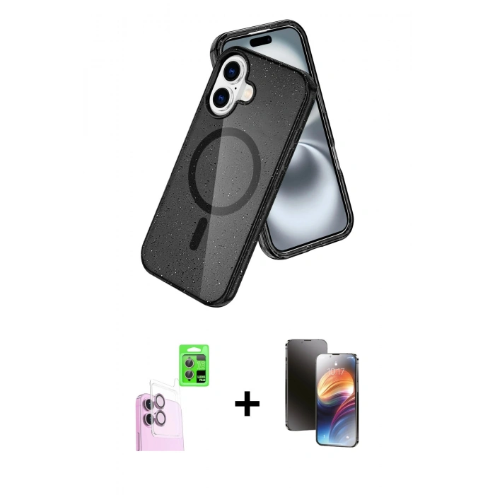 MARSİLYAN™- iPhone 16 Kılıf Nova Asil Prime - Siyah 3D Antistatik Mat Seramik Nano Ekran Koruyucu + Raze Metal Kamera Lens - PE