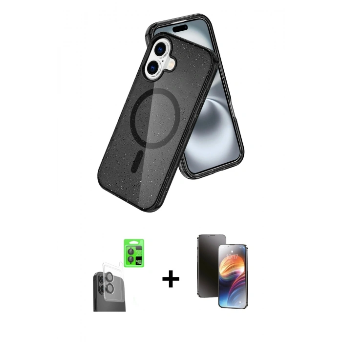MARSİLYAN™- iPhone 16 Kılıf Nova Asil Prime - Siyah 3D Antistatik Mat Seramik Nano Ekran Koruyucu + Raze Metal Kamera Lens - SH