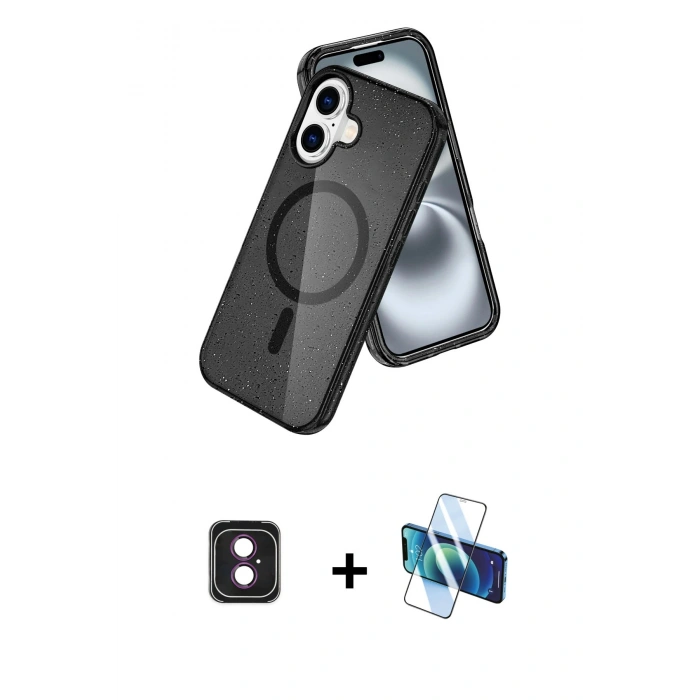 MARSİLYAN™- iPhone 16 Kılıf Nova Asil Prime - Siyah 3D Antistatik Seramik Nano Ekran Koruyucu + PVD Metal Kamera Lens - PE