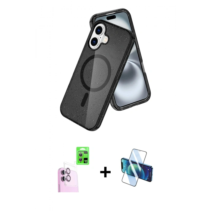 MARSİLYAN™- iPhone 16 Kılıf Nova Asil Prime - Siyah 3D Antistatik Seramik Nano Ekran Koruyucu + Raze Metal Kamera Lens - PE