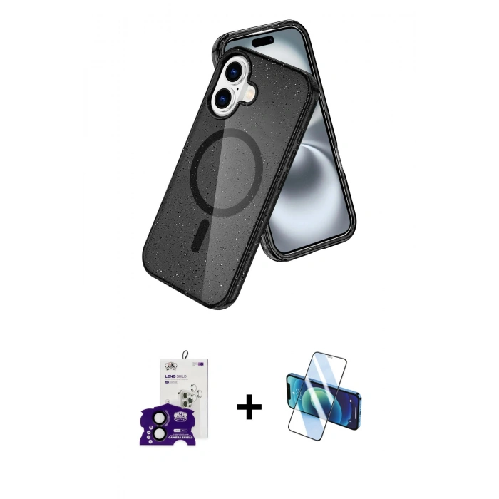 MARSİLYAN™- iPhone 16 Kılıf Nova Asil Prime - Siyah 3D Antistatik Seramik Nano Ekran Koruyucu + Bilvis Titan Kamera Lens - SH