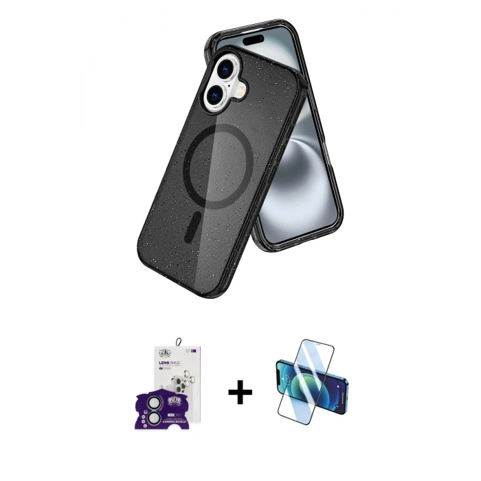 MARSİLYAN™- iPhone 16 Kılıf Nova Asil Prime - Siyah 3D Antistatik Seramik Nano Ekran Koruyucu + Yeşil Bilvis Titan Kamera Lens