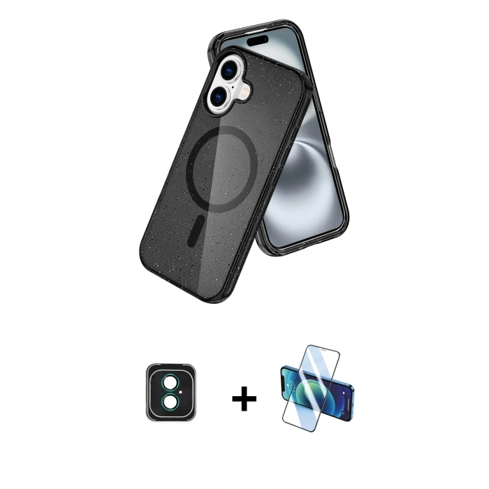 MARSİLYAN™- iPhone 16 Kılıf Nova Asil Prime - Siyah 3D Antistatik Seramik Nano Ekran Koruyucu + PVD Metal Kamera Lens - YL
