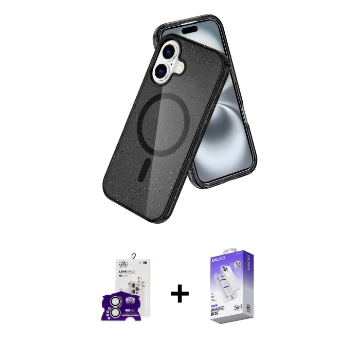 MARSİLYAN™- iPhone 16 Kılıf Nova Asil Prime - Siyah Bilvis 5in1 3D Magic Cam Ekran Koruyucu + Bilvis Titan Kamera Lens - GS