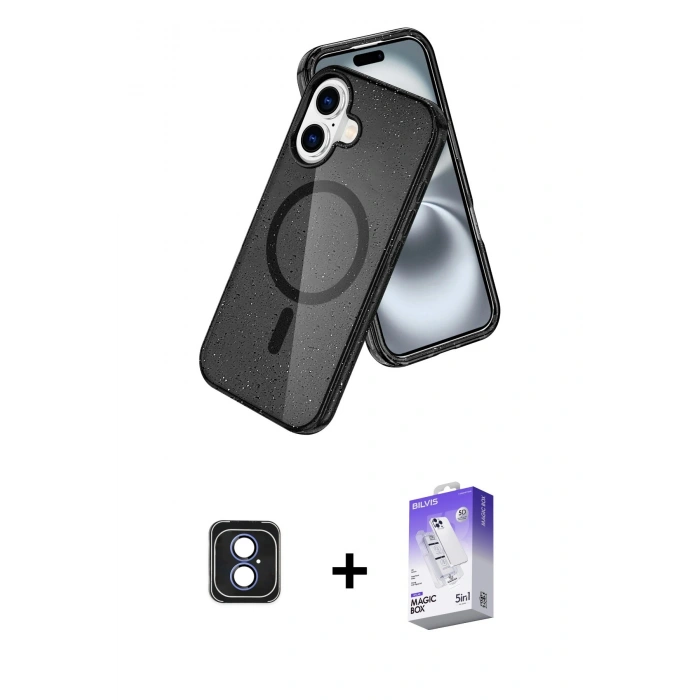 MARSİLYAN™- iPhone 16 Kılıf Nova Asil Prime - Siyah Bilvis 5in1 3D Magic Cam Ekran Koruyucu + PVD Metal Kamera Lens - MI