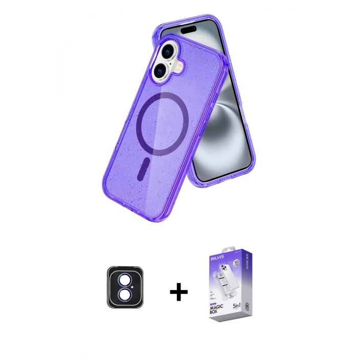 MARSİLYAN™- iPhone 16 Kılıf Nova Asil Prime - Siyah Bilvis 5in1 3D Magic Cam Ekran Koruyucu + PVD Metal Kamera Lens - MI