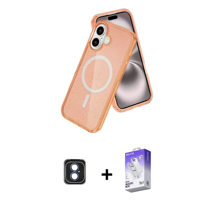MARSİLYAN™- iPhone 16 Kılıf Nova Asil Prime - Siyah Bilvis 5in1 3D Magic Cam Ekran Koruyucu + PVD Metal Kamera Lens - MI