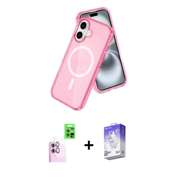 MARSİLYAN™- iPhone 16 Kılıf Nova Asil Prime - Siyah Bilvis 5in1 3D Magic Cam Ekran Koruyucu + Raze Metal Kamera Lens - PE