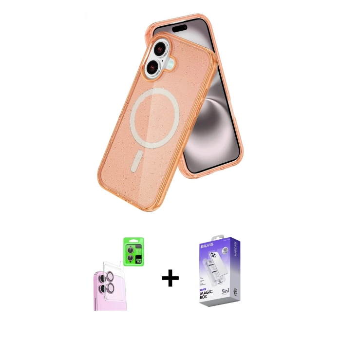 MARSİLYAN™- iPhone 16 Kılıf Nova Asil Prime - Siyah Bilvis 5in1 3D Magic Cam Ekran Koruyucu + Raze Metal Kamera Lens - PE