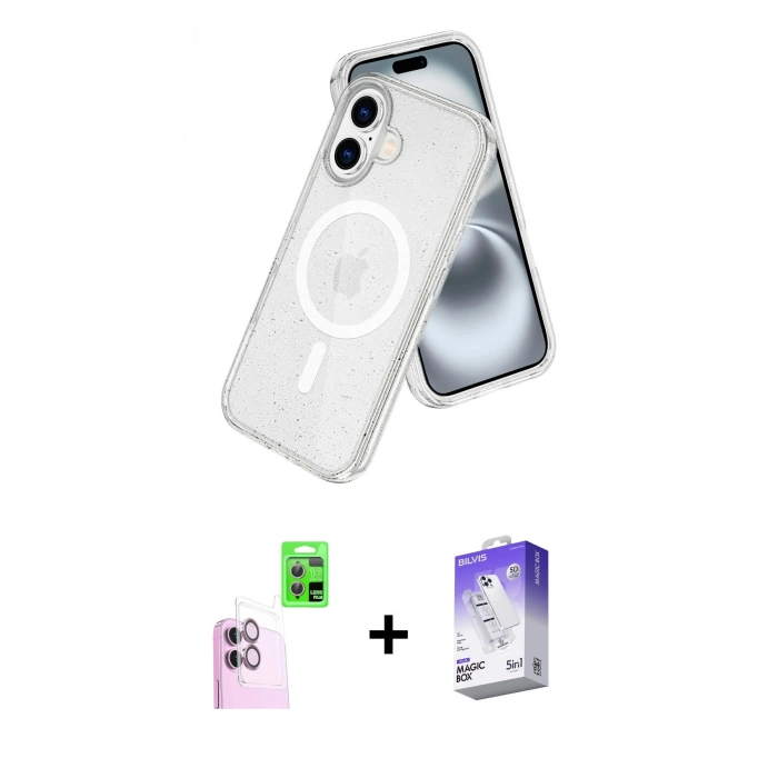 MARSİLYAN™- iPhone 16 Kılıf Nova Asil Prime - Siyah Bilvis 5in1 3D Magic Cam Ekran Koruyucu + Raze Metal Kamera Lens - PE