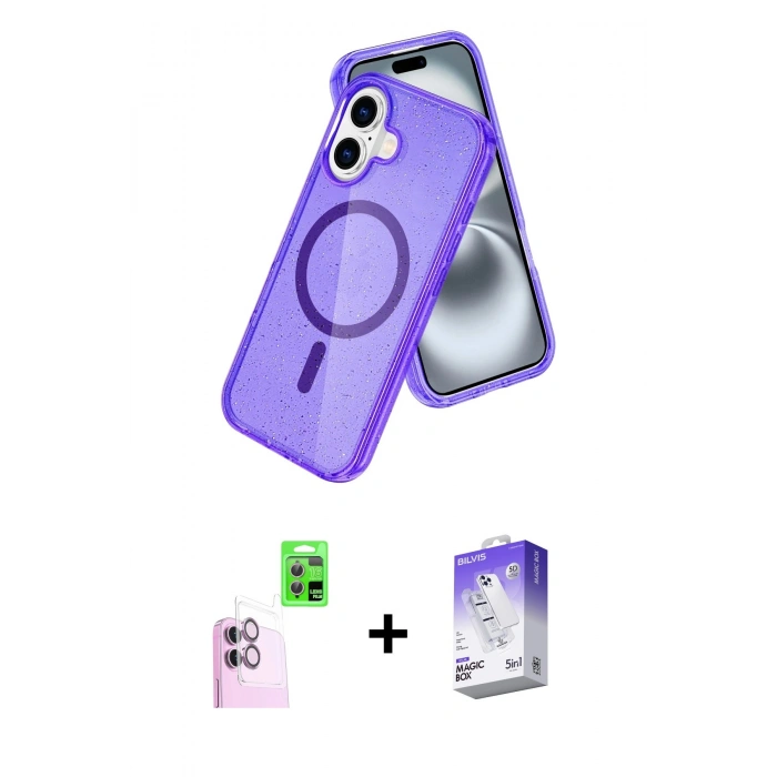 MARSİLYAN™- iPhone 16 Kılıf Nova Asil Prime - Siyah Bilvis 5in1 3D Magic Cam Ekran Koruyucu + Raze Metal Kamera Lens - PE