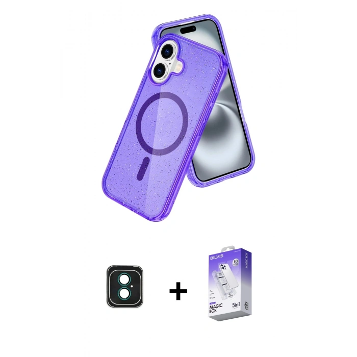 MARSİLYAN™- iPhone 16 Kılıf Nova Asil Prime - Siyah Bilvis 5in1 3D Magic Cam Ekran Koruyucu + PVD Metal Kamera Lens - YL