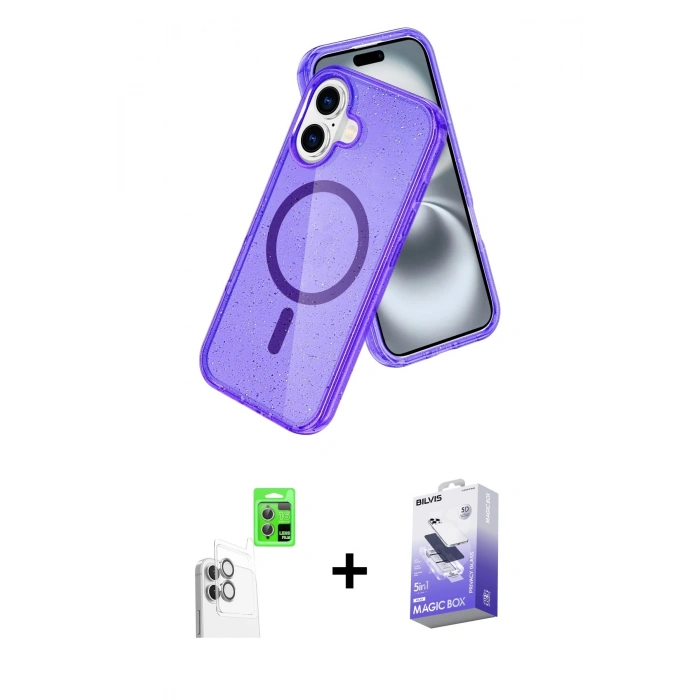 MARSİLYAN™- iPhone 16 Kılıf Nova Asil Prime - Siyah Bilvis 5in1 5D Magic Hayalet Cam Ekran Koruyucu + Beyaz Raze Metal Kamera Lens