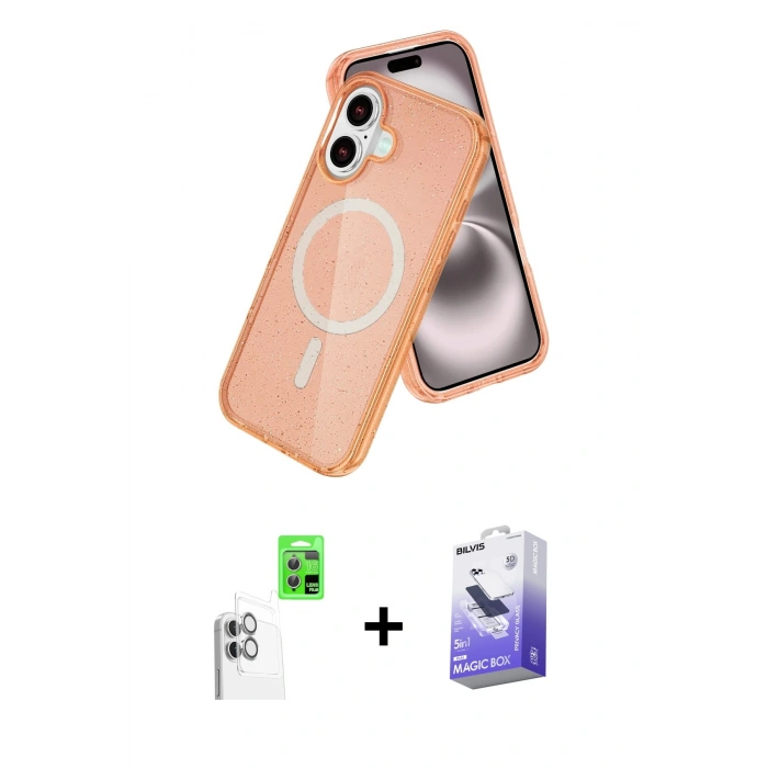MARSİLYAN™- iPhone 16 Kılıf Nova Asil Prime - Siyah Bilvis 5in1 5D Magic Hayalet Cam Ekran Koruyucu + Beyaz Raze Metal Kamera Lens