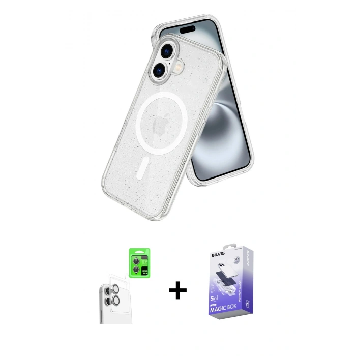 MARSİLYAN™- iPhone 16 Kılıf Nova Asil Prime - Siyah Bilvis 5in1 5D Magic Hayalet Cam Ekran Koruyucu + Beyaz Raze Metal Kamera Lens