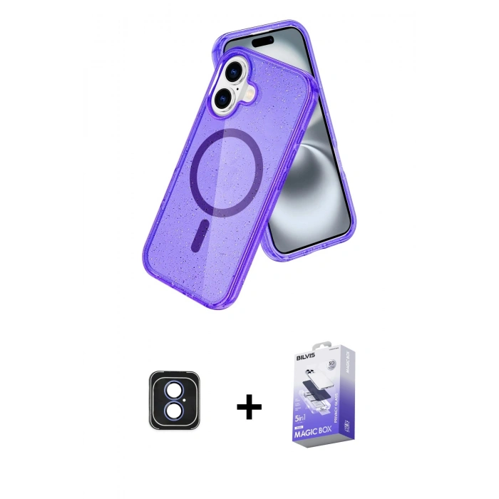 MARSİLYAN™- iPhone 16 Kılıf Nova Asil Prime - Siyah Bilvis 5in1 5D Magic Hayalet Cam Ekran Koruyucu + PVD Metal Kamera Lens - MI