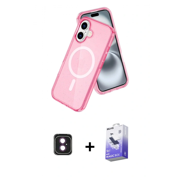 MARSİLYAN™- iPhone 16 Kılıf Nova Asil Prime - Siyah Bilvis 5in1 5D Magic Hayalet Cam Ekran Koruyucu + Pembe PVD Metal Kamera Lens