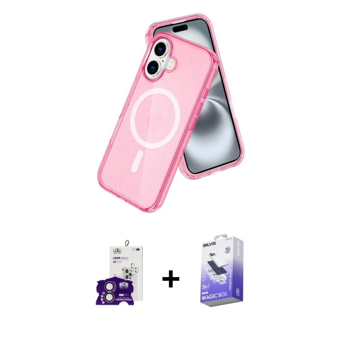 MARSİLYAN™- iPhone 16 Kılıf Nova Asil Prime - Siyah Bilvis 5in1 5D Magic Hayalet Cam Ekran Koruyucu + Pembe Bilvis Titan Kamera Lens